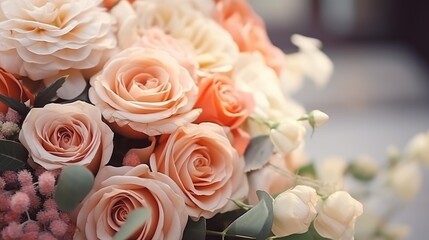 Obraz premium This close-up image showcases a stunning bridal bouquet composed of beautifully arranged roses, peonies, and various decorative plants. The photograph is taken with selective focus