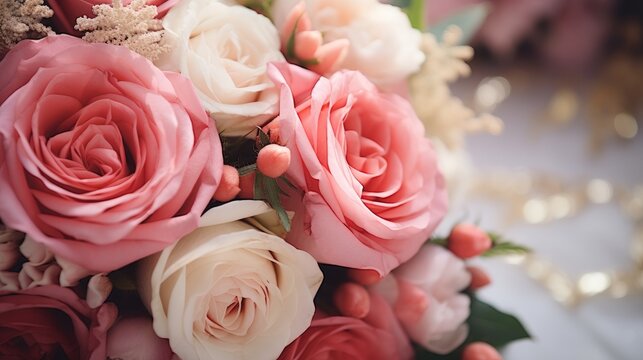 This close-up image showcases a stunning bridal bouquet composed of beautifully arranged roses, peonies, and various decorative plants. The photograph is taken with selective focus