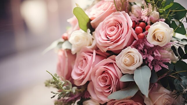 This close-up image showcases a stunning bridal bouquet composed of beautifully arranged roses, peonies, and various decorative plants. The photograph is taken with selective focus