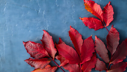 red autumn leaves, Seasonal Inspiration: Colored Red Leaves on Blue Slate,  AI Generated