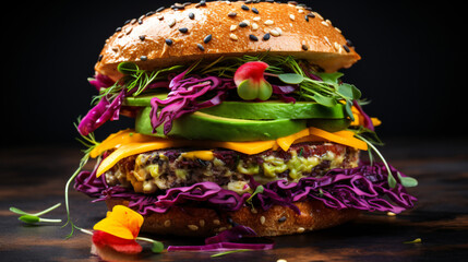 Avocado sandwich with green vegan burger roast yellow
