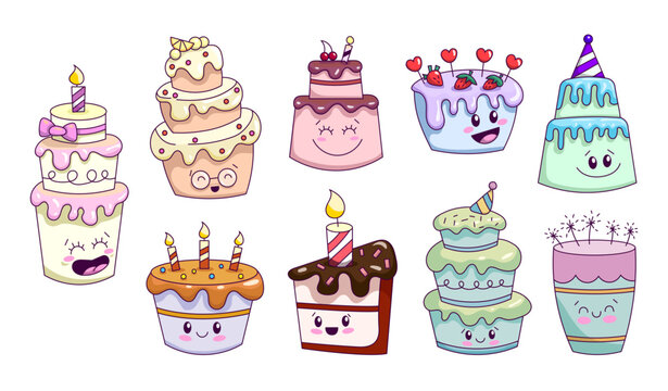 Cute cake character. Happy birthday party. Funny cartoon dessert. Vector drawing. Collection of design elements.