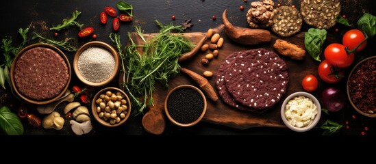 Fototapeta na wymiar Plant based vegetarian meat products arranged on a wooden table for a plant based diet With copyspace for text
