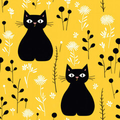 endlos Muster, schwarze Katze auf gelbem Hintergrund, endless pattern, black cat on yellow background