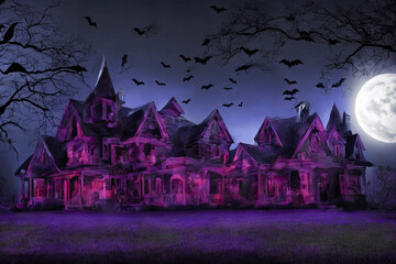 Fototapeta na wymiar Halloween celebration in night with moon , bats and purple color