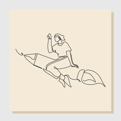 Continuous line drawing art of business woman riding flying rocket up. Vector illustration single one line of woman success launching startup business. Booster business growth line art design.