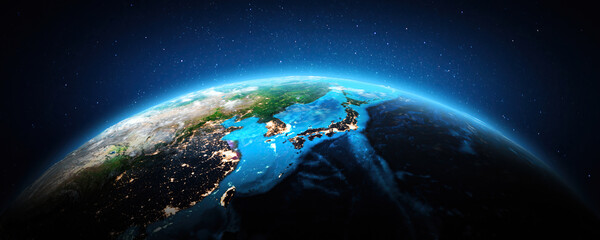 Japan, Korea and China at night