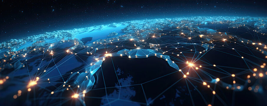 Map grid connection of the planet earth. Global network design. Technology net concept