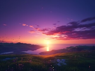 Beautiful sunset in the mountains. Nature composition. 3d render