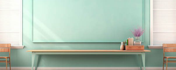 Empty classroom with green chalkboard background.