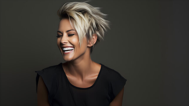 Radiant 30-year-old blonde woman, exuding youthful edgy charm. Studio shot