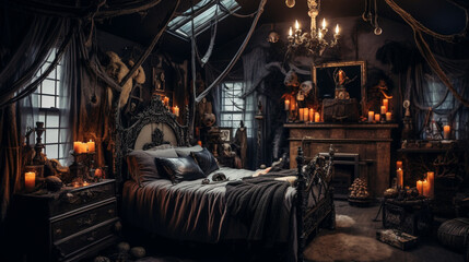 Obraz na płótnie Canvas Chilling Halloween Atmosphere in a Haunted Bedroom,generated by IA