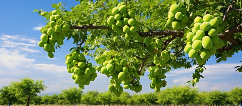 Jujube tree with green fruits near Dallas Texas America Jujube Chinese date genus Ziziphus in Rhamnaceae With copyspace for text
