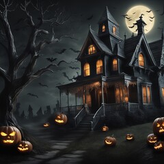 Fototapeta na wymiar haunted house with scary Pumpkin, small town on Halloween night, Halloween Party house, Generative AI