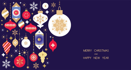 Merry Christmas and Happy New Year 2024  holiday template design banner, poster, card, cover Gifts, Santa, ball toy, christmas tree, snowflake  Modern Xmas flat cartoon cute vector illustration