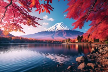 Mt Fuji with maple leaf at Kawaguchiko lake in Japan.