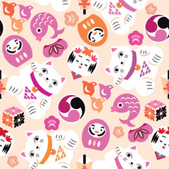 Awesome maneki-neko cat seamless pattern Modern cute japanese template texture with lucky charms Vector flat trendy illustration