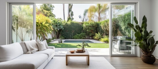 White living room with sliding glass doors opening to patio and backyard With copyspace for text