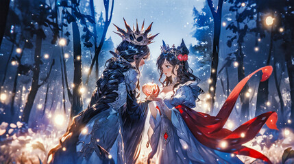 fairy tale cartoon a queen giving an apple to snow white in a snowy forest © yin foo Tan