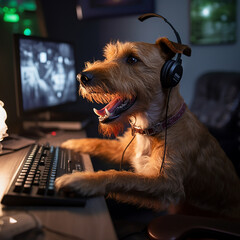 funny smiling irish terrier gamer wearing headphones, playing computer game - 658916808