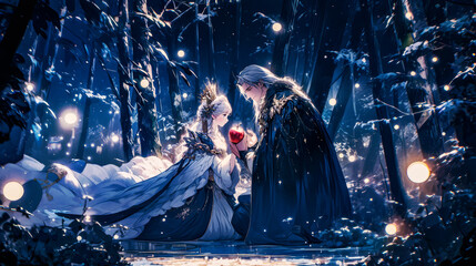 fairy tale cartoon a prince giving an apple to snow white in a snowy forest © yin foo Tan