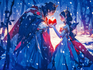 fairy tale cartoon a prince giving an apple to snow white in a snowy forest - obrazy, fototapety, plakaty