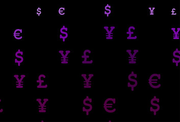 Dark purple vector pattern with EUR, USD, GBP, JPY.