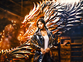 A woman standing next to a large silver dragon