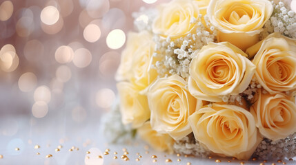 Yellow roses bouquet and pearls, champagne on abstract