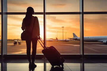 Silhouette of a young woman waiting for the boarding announcement for her flight while watching planes land and take off through a large panoramic window at the airport terminal. Photo with copy space