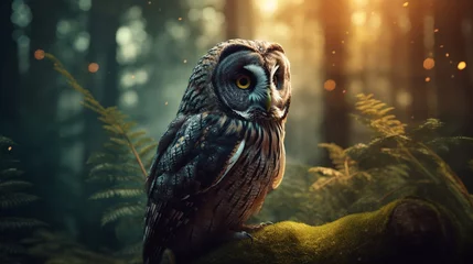 Foto op Canvas Tawny owl hidden in the forest. Brown owl sitting on tree stump in the dark forest habitat. Beautiful animal in nature. Wildlife scene from dark spruce forest. Generative AI © Артур Комис
