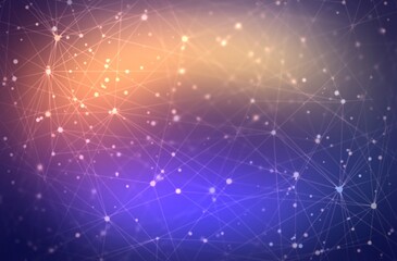 Fototapeta premium Glittering network polygonal structure on dark violet yellow glowing background. Web abstract defocused texture for astronomy decoration.