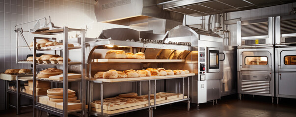 Fresh bread and pastries in bakery,