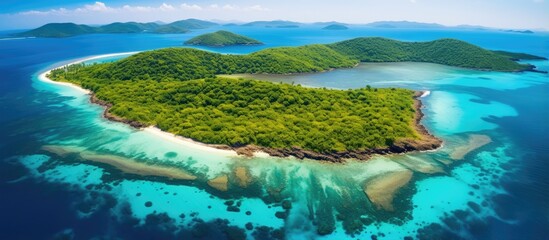 Stunning bird s eye view of Mayotte s lagoon reef and island With copyspace for text - obrazy, fototapety, plakaty