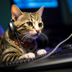 funny smiling cat gamer wearing headphones, playing computer game