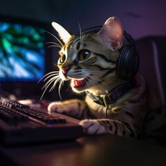 funny smiling cat gamer wearing headphones, playing computer game - 658917865