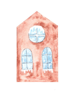 recommend clip art: Watercolor hand drawn red cute cozy house with icy windows with icicles as aquarelle design element.Isolated on white background.