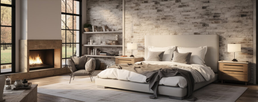 Modern loft style bedroom. Rooms with wooden floors decorate with fabric bed.