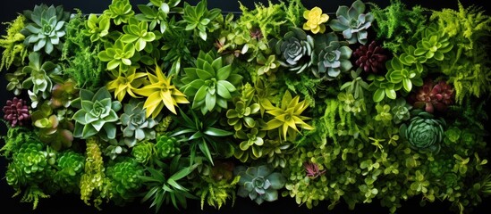 Vertical green wall garden with blooming plants in summer close up With copyspace for text - obrazy, fototapety, plakaty