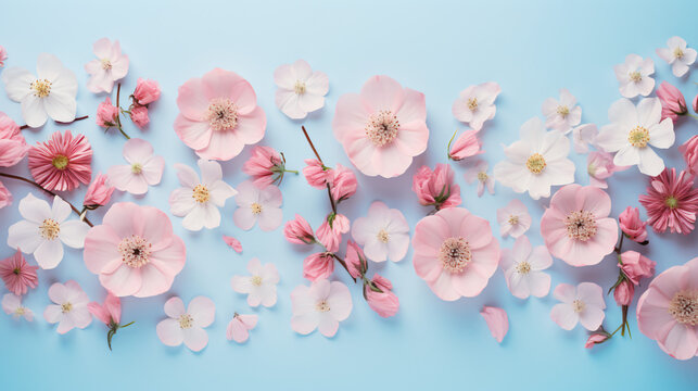 Top view image of pink flowers composition.