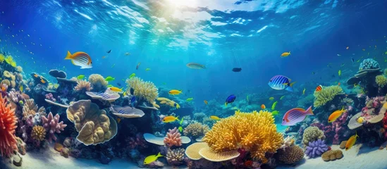 Poster Im Rahmen Underwater ecosystem with vibrant fish and coral reef offering panoramic views © 2rogan