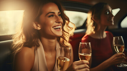 Young women with champagne in the large luxury car limousine celebrating, Christmas Xmas birthday party concept