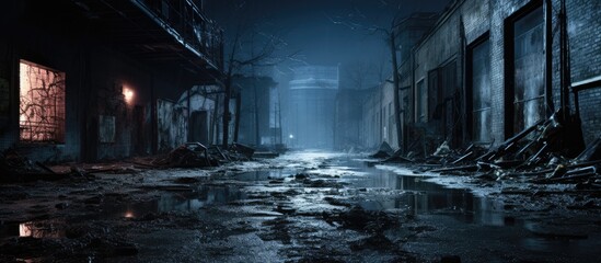 Winter night in an unsettling city alley With copyspace for text