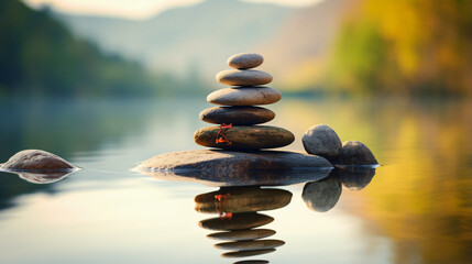 Balance stones on water pebbles stack. Zen and spa concept.
