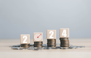 action business plan targets the new year 2024 growth. concept of budget, Investment Economic Analysis, finance goal to success, Making a profit in the market in growth industry technology 2024