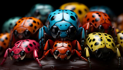 Obraz premium Photograph of a close-up of colorful ladybugs, revealing the hidden beauty of the ladybug's intricate body - Generative AI