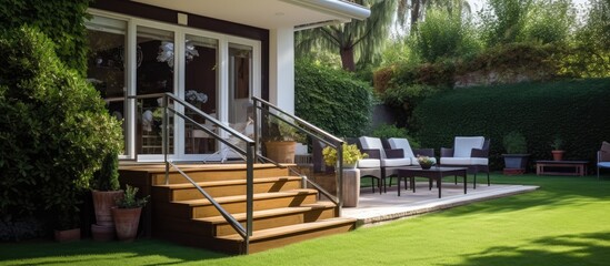 House with outdoor stairs leading to grassy yard glass door tables chairs at relaxing outdoor living area With copyspace for text