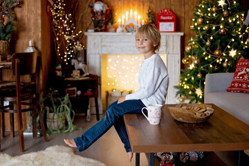 Beautiful blond child, young school boy, playing in a decorated home with knitted toys