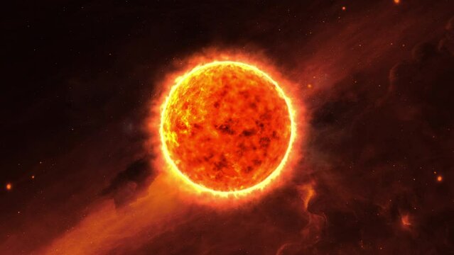 Futuristic flaming solar star. Cinematic burning surface of Sun in deep space surrounded by stars. Digital star with hot plasma and nuclear fusion reactions. Realistic sun surface.
