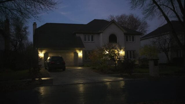 Establishing shot of luxury house. America. night time shot